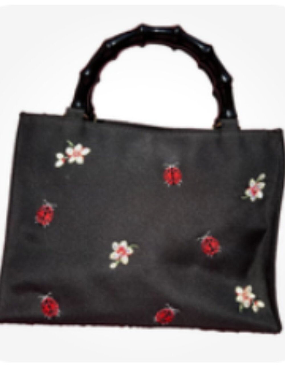 Black Satin Embroidered Ladybug & Flowers Tote Bag - Picture 7 of 8